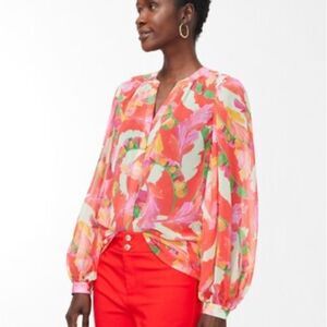 Chicos Georgette Foliage Print LS Blouse Flame Scarlet Size 0.5 NWT in packaging